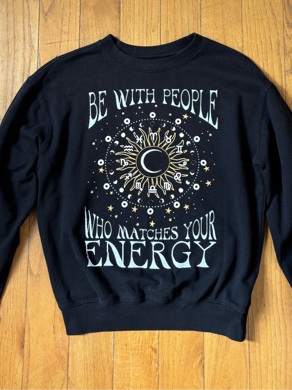 Black Graphic Crewneck Sweater - "Be With People Who Matches Your Energy" xs